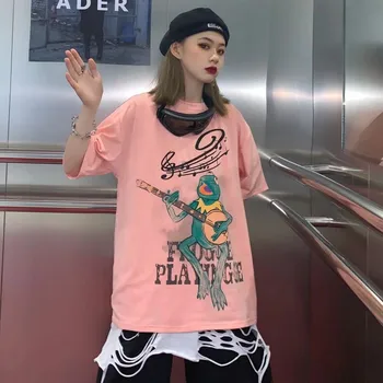 

NiceMix Cartoon Frog Prince Print Harajuku Pink T-shirt women tshirt Summer Loose Short-sleeved Cotton Long Tees Tops for Girls
