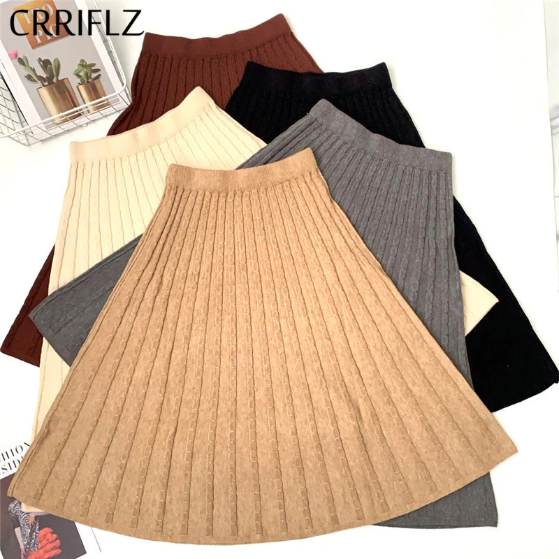 

Autumn Winter Casual Twist Pleated Skirts Women 2020 New Solid High Waist Vintage Midi Skirt CRRIFLZ