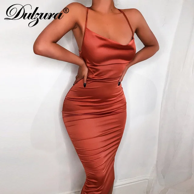 Dulzura neon satin lace up 2021 summer women bodycon long midi dress sleeveless backless elegant party outfits sexy club clothes 1