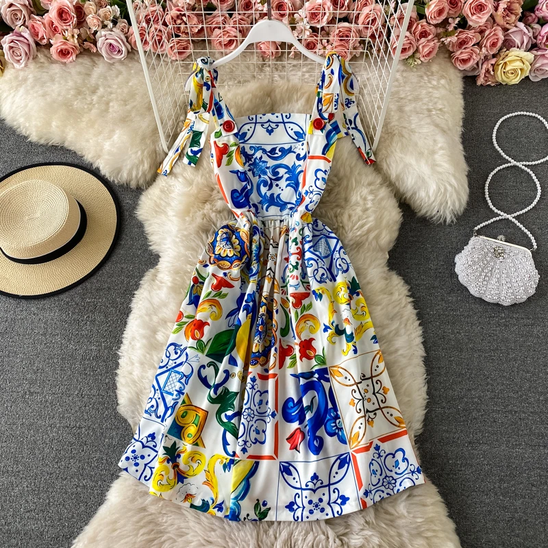 SHEIN DAZY Blue & White Porcelain Floral Print Fitted Color Block Bowknot Strap Dress, Floral & Botanical Print With Waistband