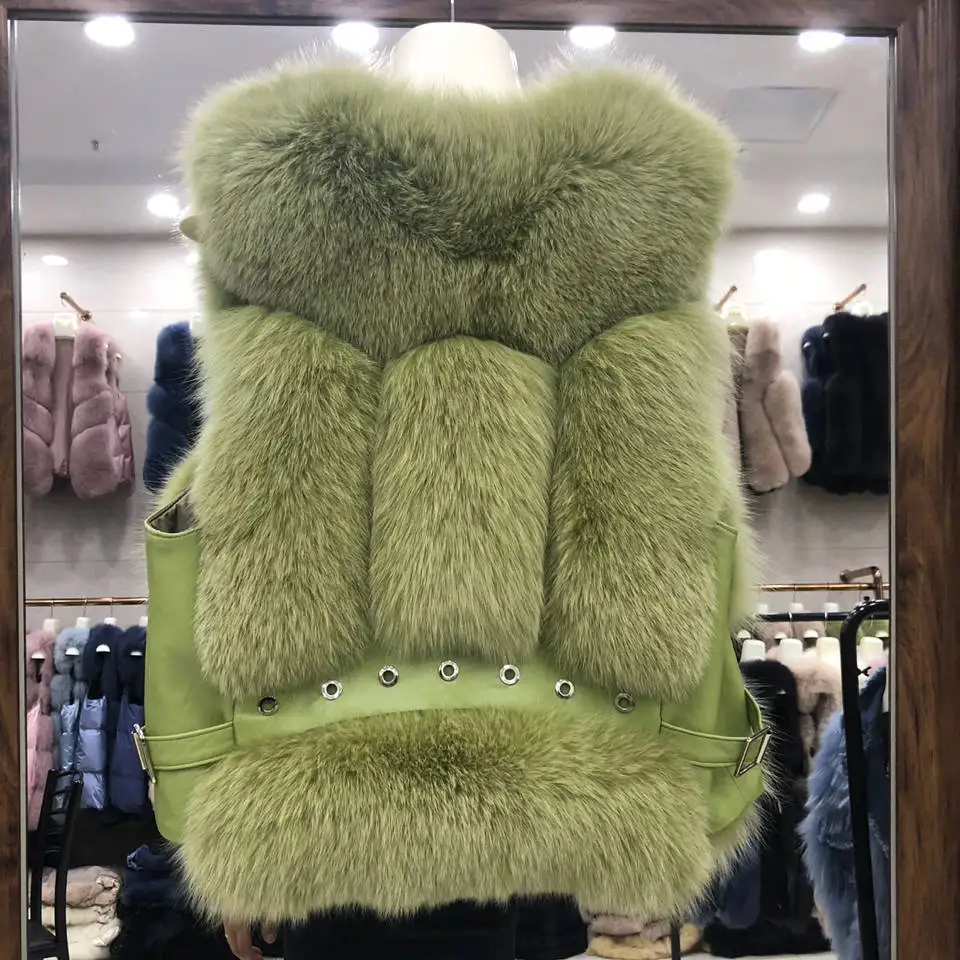 Женские зимние пальто жилетки из натурального Лисьего меха модные короткие меховые жилеты с кожаными заклепками женская натуральная меховая жилетка куртка N131