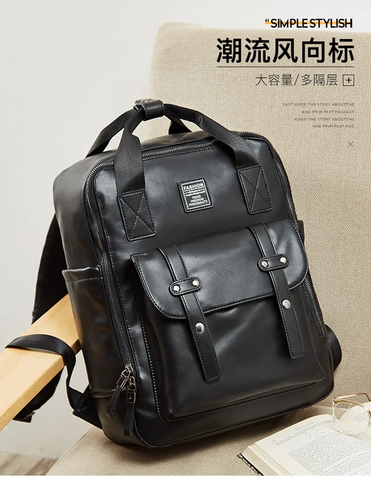 New Large Travel Backpack Teenagers School Book Bag Cowhide PU Leather Male Leisure Bag Men Laptop 14" Backpack