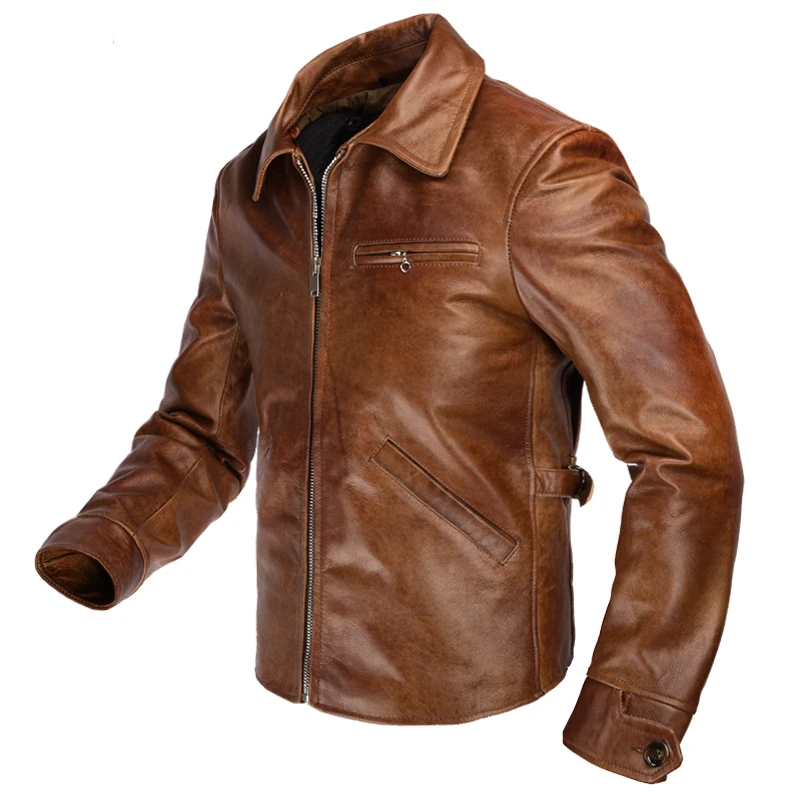 Ретро коричневый Американский Повседневный стиль кожаная куртка плюс размер XXXL Натуральная Воловья кожа осеннее тонкое кожаное пальто