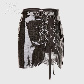 

novmoop patent embossed snake pattern genuine sheepskin leather lace-up belt women skirt Falda de cuero LT3194