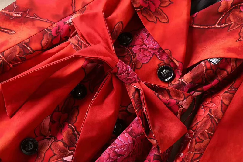 Красный RoosaRosee дизайнер Для женщин модная Осенняя верхняя одежда; Цветочный принт отложной воротник рукав девять-четвёртых плащ-Тренч Женский Пальто