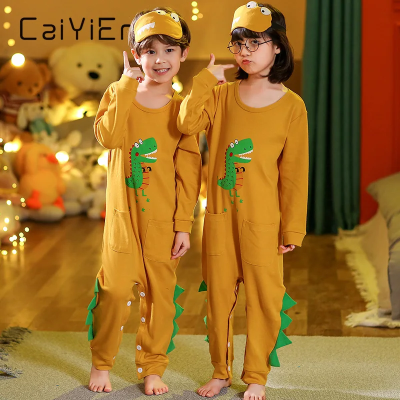 

CAIYIER Cartoon Dinosaur Kids Pajamas Set Cotton Boys Girls Long Sleeve Sleepwear Blanket Sleepers With Eye Mask Baby Onesies