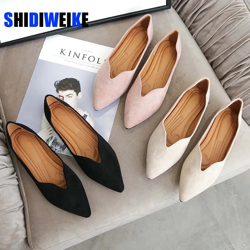 Spring Women Flats Black Pointed Toe Ballet Flats Shallow Boat Shoes Woman Flock Casual Shoes Female Loafers Apricot Pink