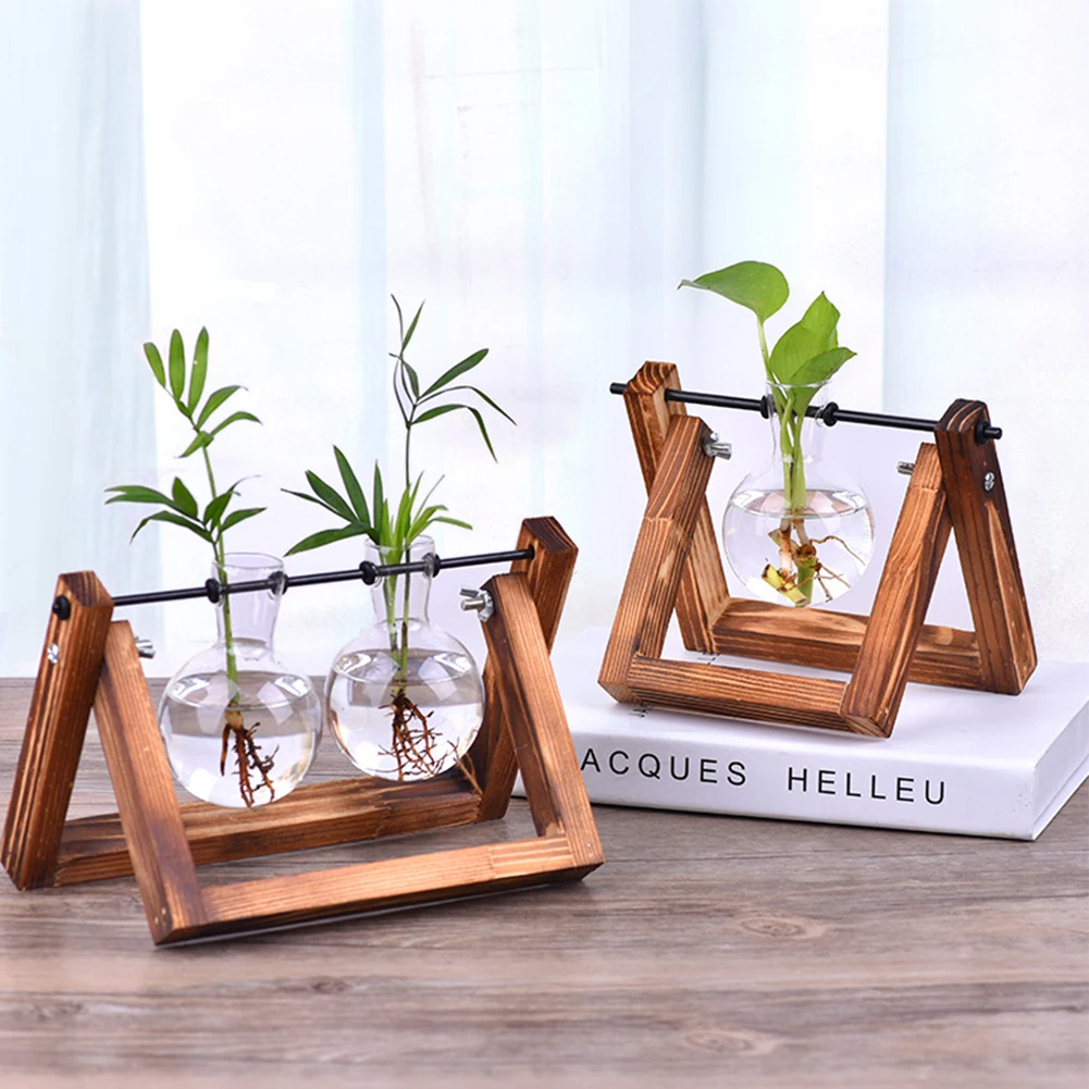 

Retro Wood Terrarium Table Display Clear Wood Vase Glass Planter Flower Pot Hanging Tray Home Decor Desktop Hydroponics Plant