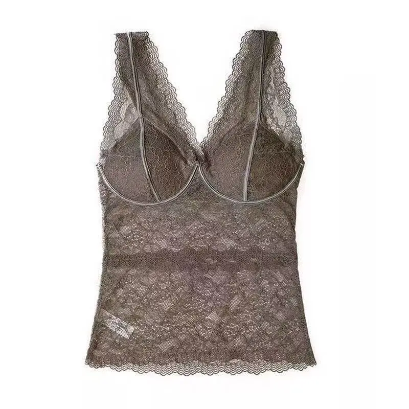 MLXSLKY New women's fashion lace halter vest autumn and winter vest slim thin womens lace vest - Цвет: Коричневый