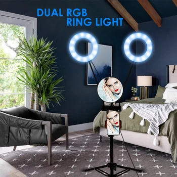 

Remote Control Dual RGB Ring Light with Tripod Stand Photography Lamp Selfie Fill Ring Lights for Stream/Makeup/Vlog w/Mirror