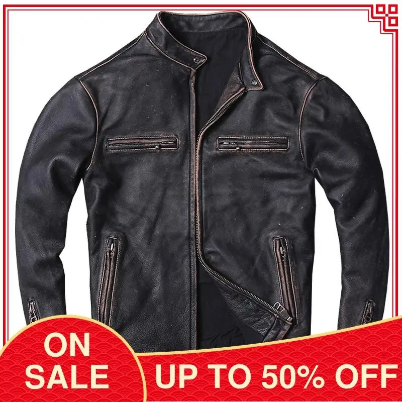 Винтажная Черная мужская приталенная мотоциклетная кожаная куртка модель 2020