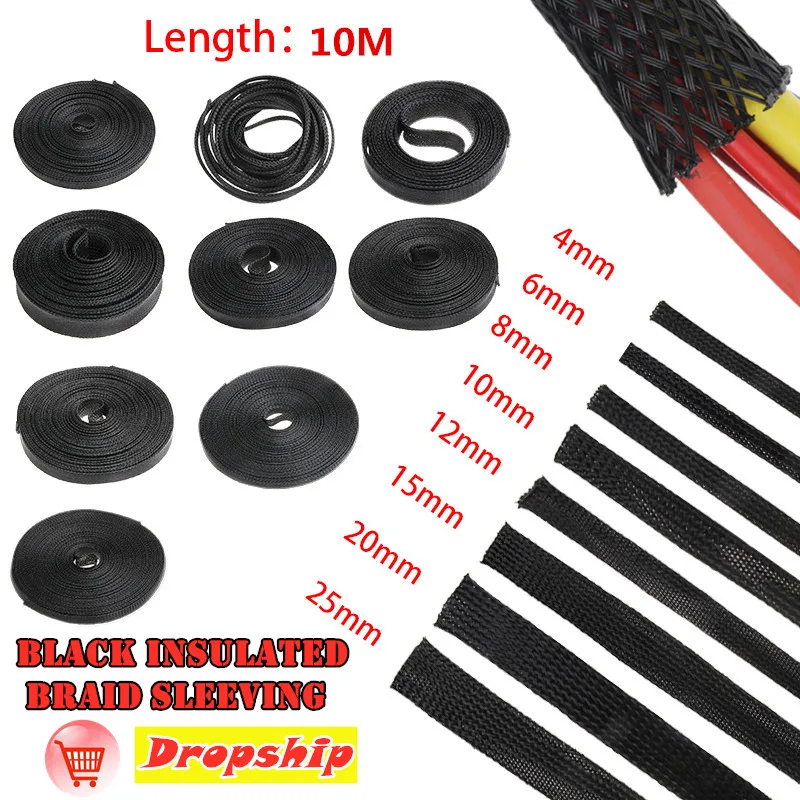 

10M Black Insulated Braid Sleeving 2/4/6/8/10/12/15/20/25mm Tight PET Wire Cable Expandable Protection Cable Sleeve Wire Gland