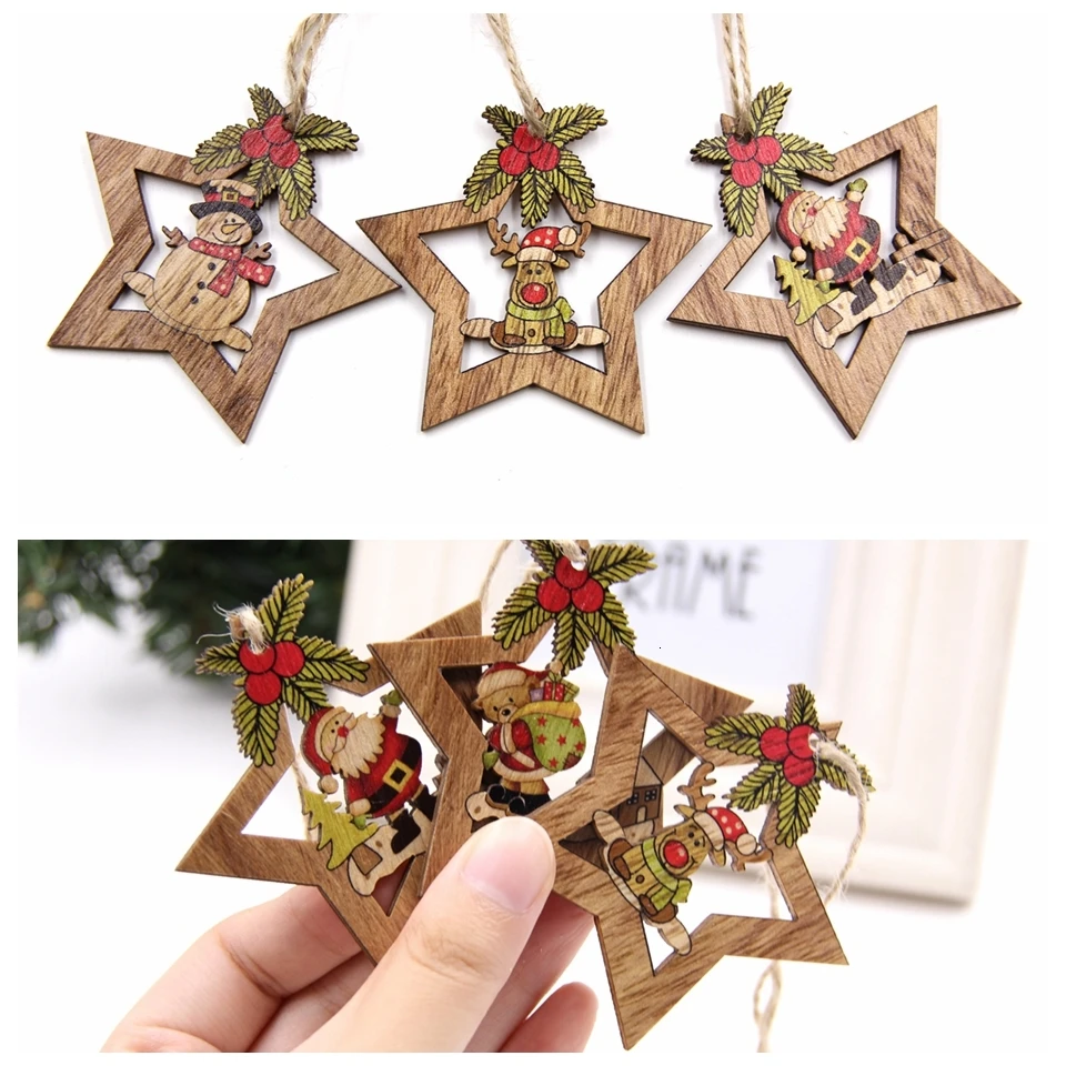 4PCS Star Printed Wooden Pendants Ornaments Xmas Tree Ornament DIY Wood Crafts Kids Gift for Home Christmas Party Decorations