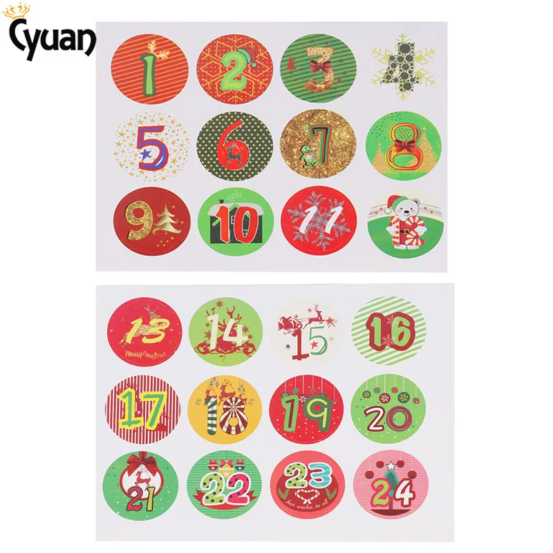 24pcs Christmas Advent Number Stickers Christmas Candy Sealing Sticker Baking Decor Package Label Navidad 2019 Xmas Home Decor