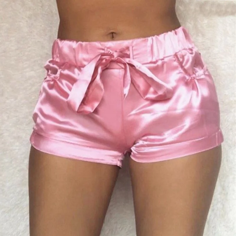 Мягкий розовый шелковый атлас шорты женские Сексуальные Высокая талия Bodycon фланелевые короткие брюки Pantalones Mujer фитнес одежда для сна