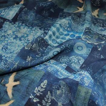 

Natural pure ramie fabric Chinese Fengblue Printing tissu High-end dresses and gowns patchwork