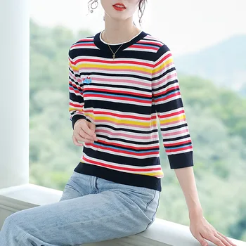 

Viscose Short Sleeve T-shirt Female Summer New Style Western Style Rainbow-colored Thin Mercerised Cotton Sweater Versatile by A