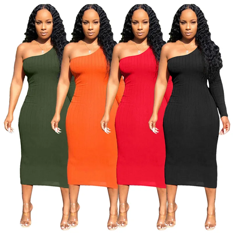 Women's Solid Color Slanted One-Shoulder Pit Nightclub Mid Dress | Женская одежда