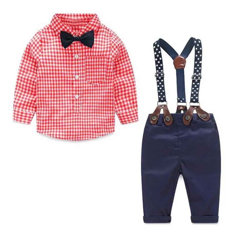 

2021 fashion kids clothes grid shirt + suspender newborn Long sleeve baby boy clothes Bowknot gentleman suit free shipping
