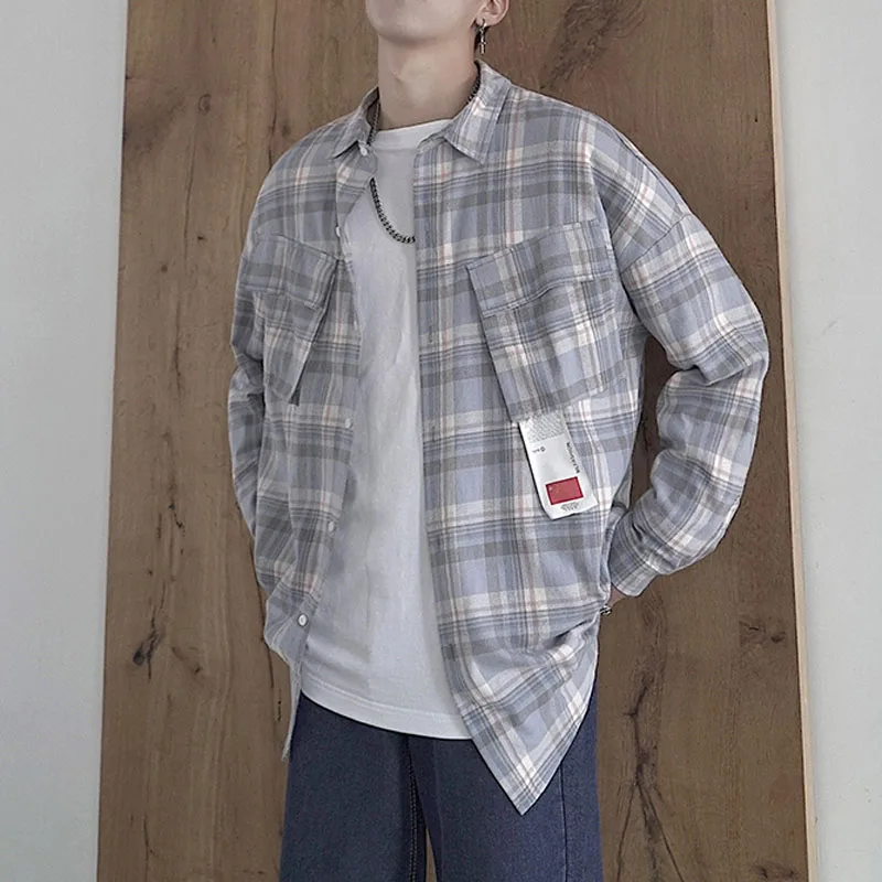 Синий Oversized большие мужские рубашки в клетку с длинными рукавами шикарная модная хлопковая рубашка в клетку в стиле хип-хоп топы уличная Мужская осенняя синяя/розовая - Цвет: Синий