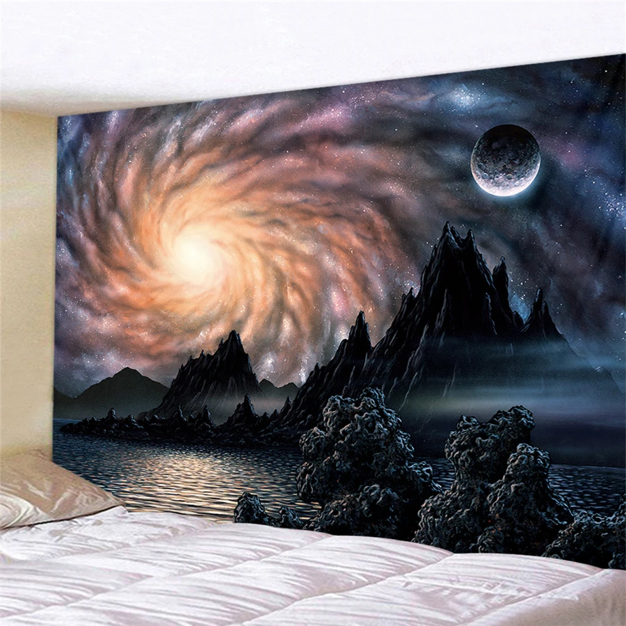 Nature Art Moon Tapestry Mountain Galaxy Starry Sky Hanging Wall Tapestries Psychedelic Carpet Wall Blanket Rug Tapiz Landscape