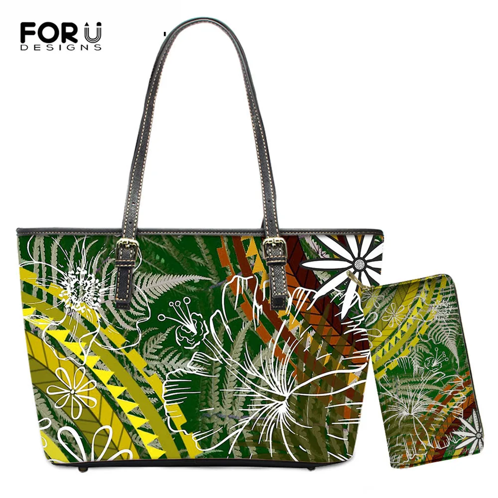 

FOURDESIGNS Hawaiian Polynesian Art Flowers Style Luxury Female Pu Leather Crossbody Bag Large Capacity Ladies Casual Tote Bags