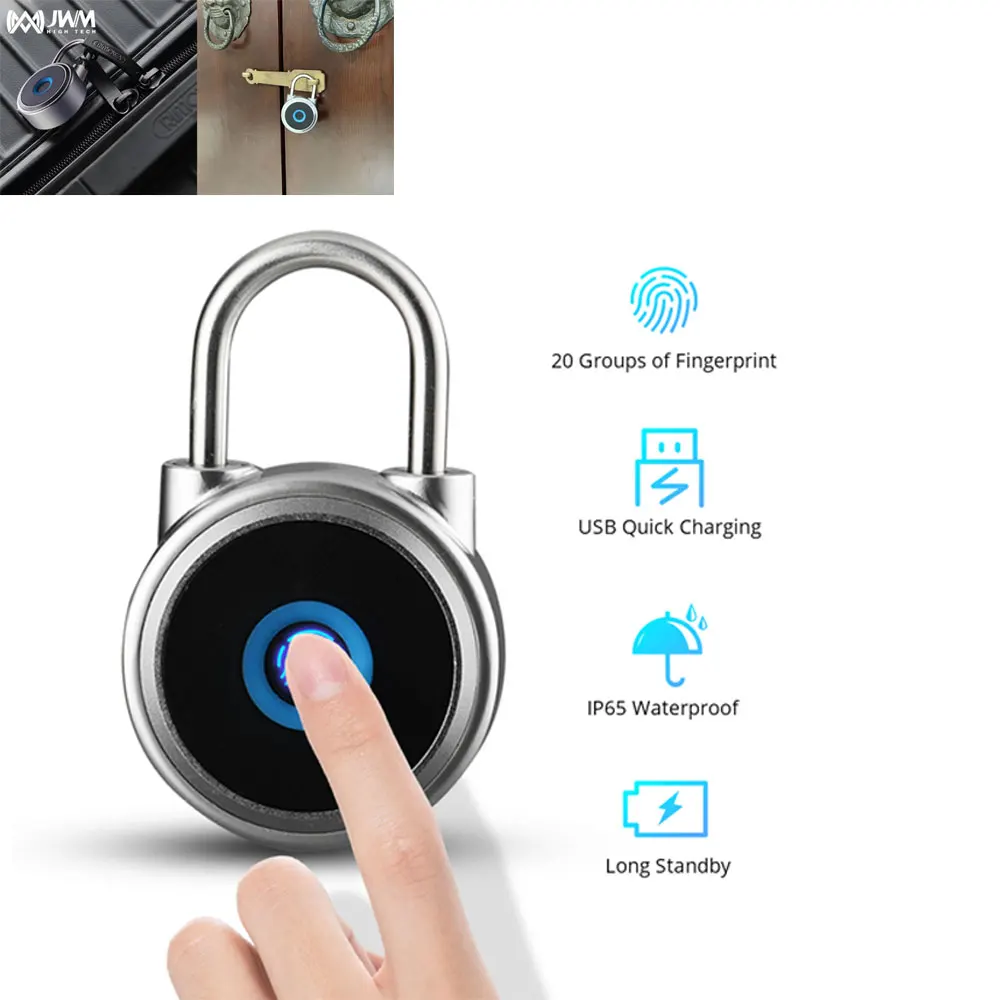 

JWM Fingerprint Padlock Smart Door Lock Anti-Theft Security Keyless Electric Lock USB Rechargeable IP65 Waterproof Lock