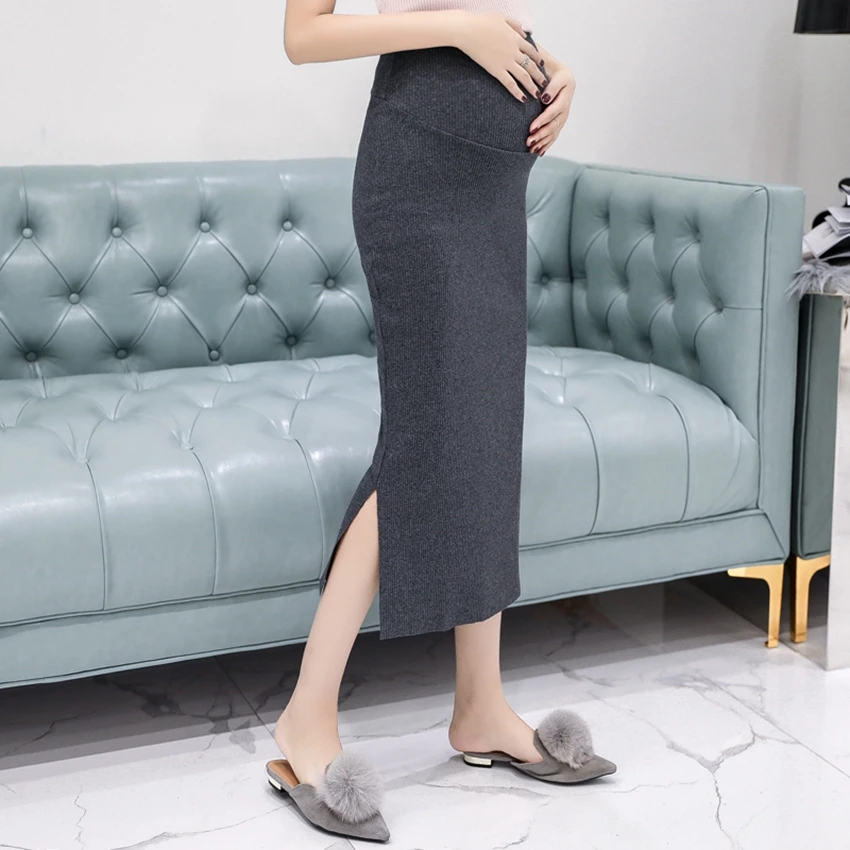 Maternity dress skirt spring and autumn pure cotton mid-length knitted split skirt fashion all-match bag hip