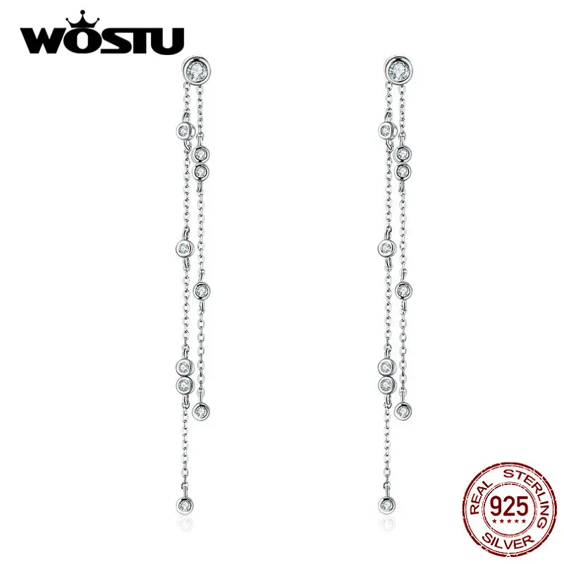 WOSTU, элегантные длинные висячие серьги в виде капель, 925 пробы, серебро, кристалл, CZ, цепочка, висячие серьги для женщин, модное ювелирное изделие CTE102