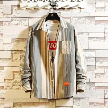 

Shirt Men Patchwork Leisure Loose Oversize Simple Korean Style Retro Harajuku Vintage Shirt Mens Long Sleeve Men Clothing XXXXXL