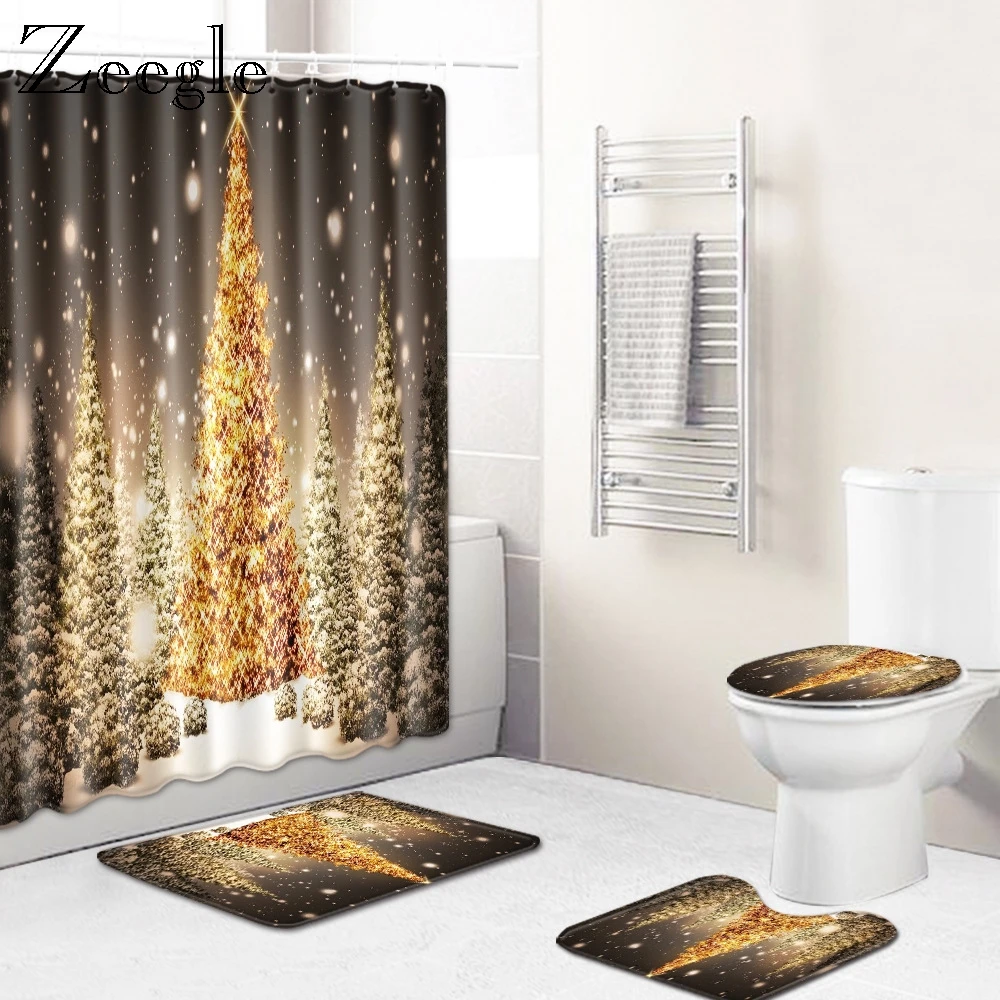 Zeegle Christmas Bathroom Curtain and Bath Mat Set Absorbent Toilet Seat Cover Mat Non Slip Bathroom Doormat Washable Toilet Set