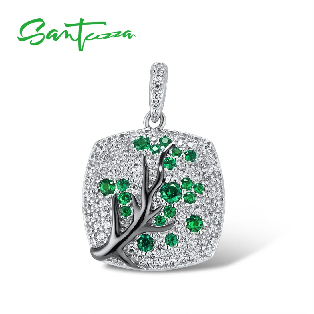 SANTUZZA 925 Sterling Silver Pendant For Women Sparkling Pink Green Cherry Tree Delicate Fashion подвеска кулон Fine Jewelry