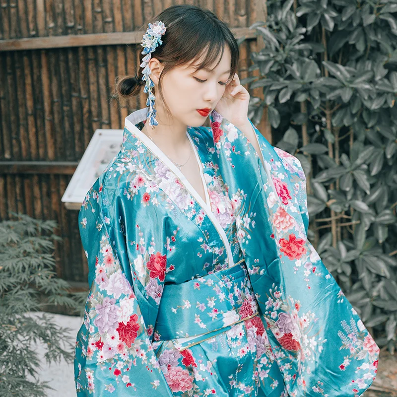 Женское кимоно халат традиционное японское юката голубого цвета Вишневый цветок принты Летнее платье одежда для выступлений одежда для косплея