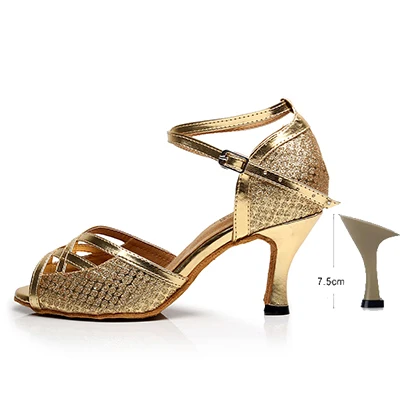 Женские блестящие туфли для танцев; женские Вечерние туфли на мягкой подошве; туфли для латинских танцев; серебристые женские туфли на высоком каблуке 7,5/8,3/10 см - Цвет: gold-7.5cm