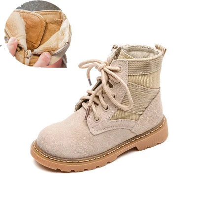Обувь из натуральной кожи ботинки для девочек детская зимняя обувь для мальчиков; водонепроницаемые полусапожки; зимние теплые плюшевые женские ботинки; черная обувь на плоской подошве - Цвет: Beige cotton