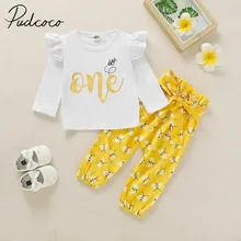 Коллекция года, весенне-осенняя одежда для малышей комплект одежды с надписью для новорожденных девочек Футболка Топ с принтом пчелы, штаны с поясом, комплект с леггинсами