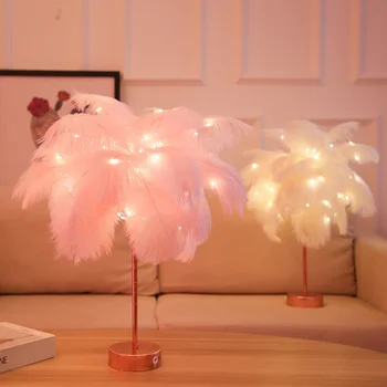 

Creative Feather USB Table Lamp Warm White Light Tree Feather Lamp Shade Control LED Wedding Decorative Lights Birthday gifts