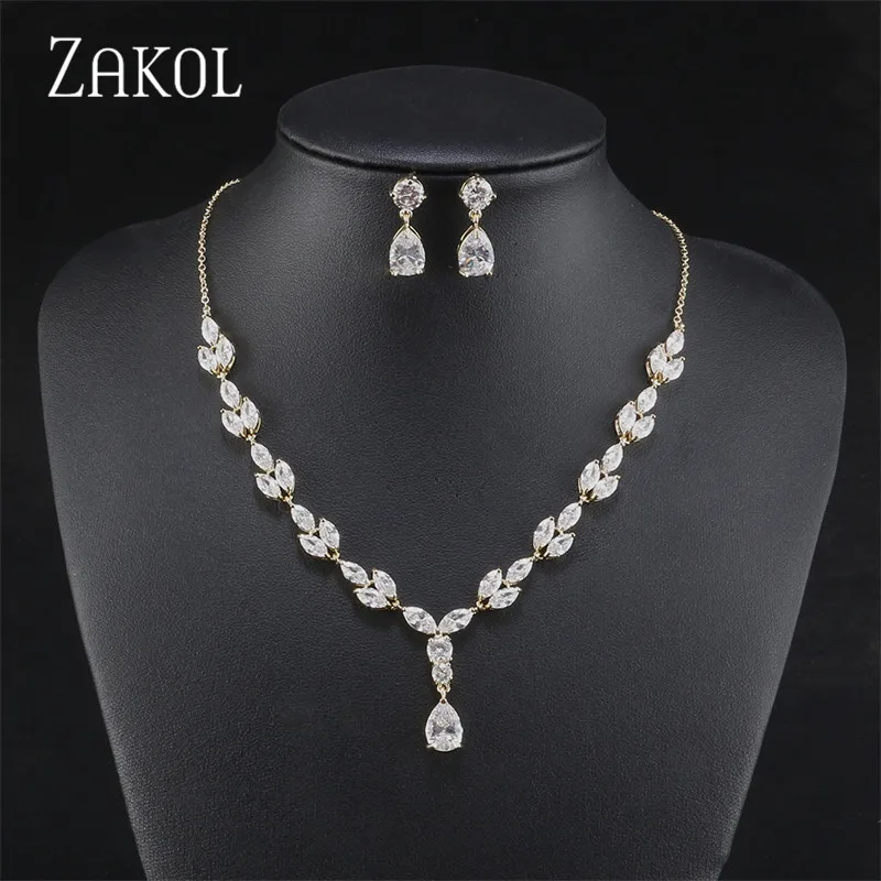 ZAKOL новейшая мода искусственный Фианит прозрачное ожерелье серьги Свадебные