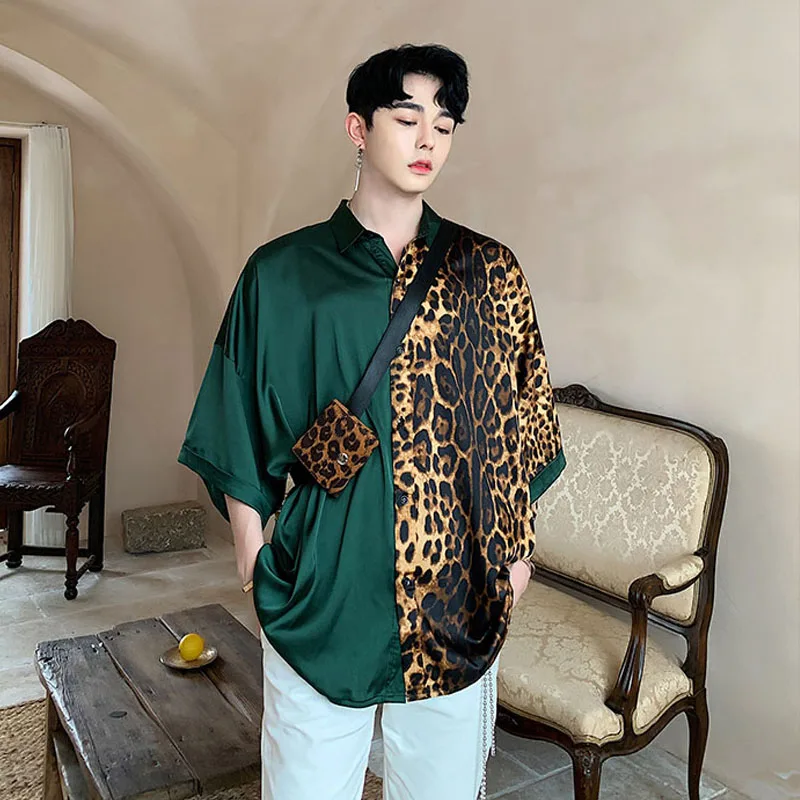 Male Summer Oversize Streetwear Hip Hop Loose Shirt Men Contain Bag Leopard Print Silk Style Casual Short Sleeve | Мужская одежда