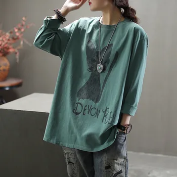 

Women Spring Fashion Korea Style Long Sleeve Vintage Cat Printed Cotton Round Neck T-shirts Office Lady Casual Oversized Top Tee