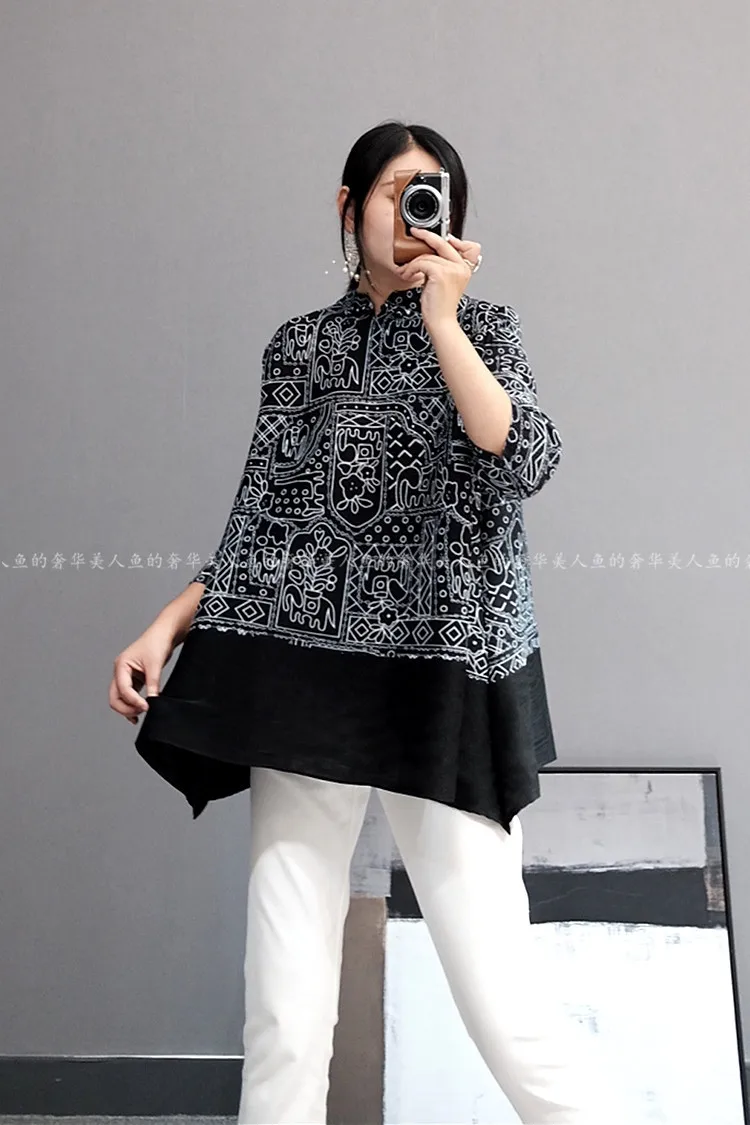 Горячая Miyake fold три четверти футболка народная печать Пряжка футболка