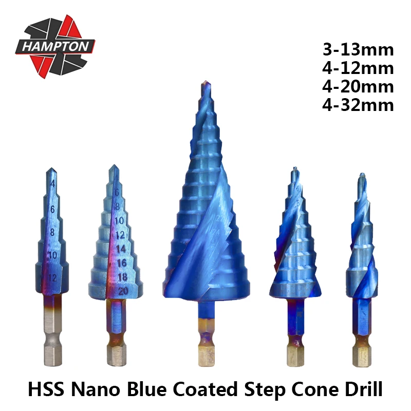 

Hampton HSS 4-12 4-20 4-32mm Nano Blue Coated Step Cone Drill Hex Shank Step Drill Bit For Wood Hole Cutter Pagoda Drill