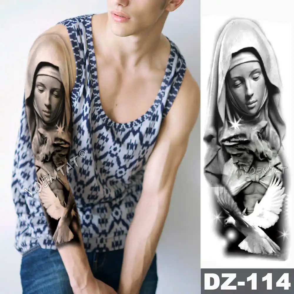 01-DZ-114 Large Arm Sleeve Tattoo Virgin Mary Jesus Waterproof Temporary Tattoo Sticker Pigeon Praying Roses Men Full Skull Totem Tattoo - Цвет: 01-DZ-114