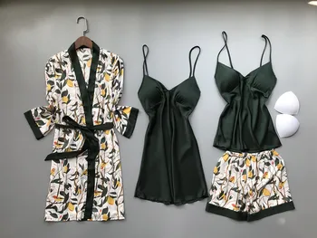 

Pajamas for Women Pijama Mujer 4 Piece Set Sexy Ladies Pyjama Sleepwear Women Pajama Sets Sleep Lounge with Chest Pads Home Wear