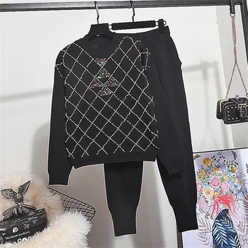 

Beading Knitted Set Female Tracksuit Autumn Loose Long sleeve Sweater Pullover + Casual Long Pants Two Piece Set Women Knitwear