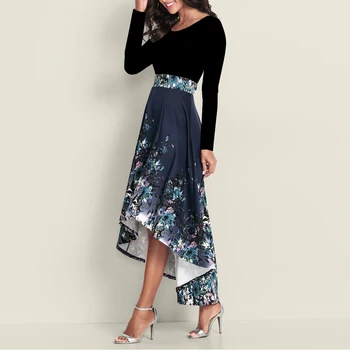 

2020 New Elegant Dress Women's Fashion Autumn Dress Long Sleeved Round Neck Stitching Irregular Hem Print Dress 4 Colors hot