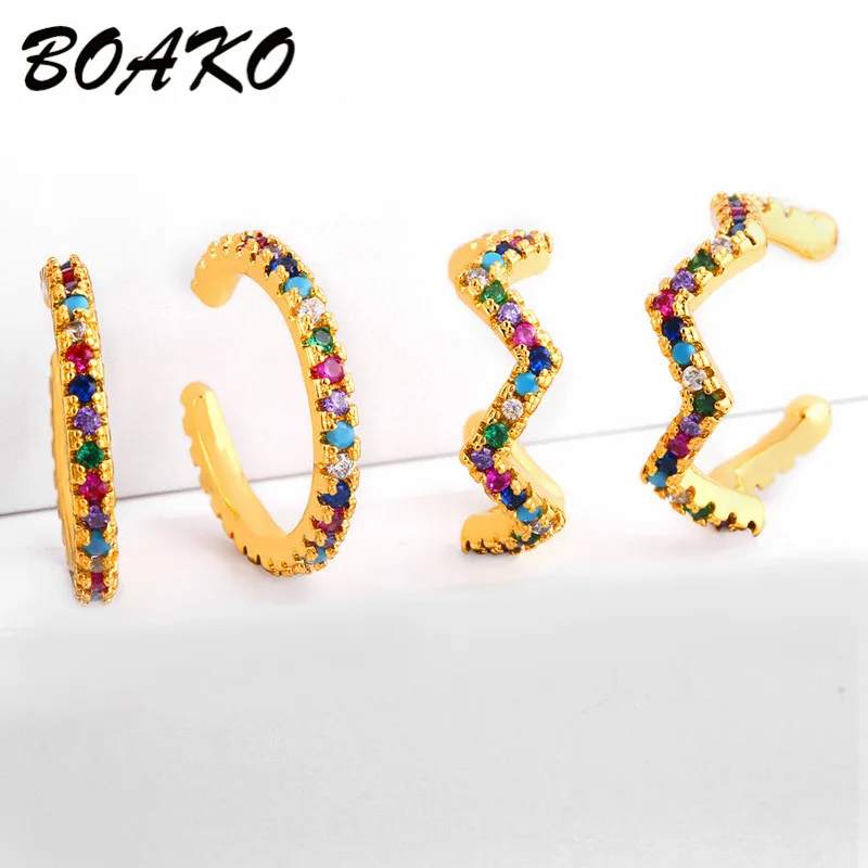 

BOAKO Simple Ear Cuffs Rainbow CZ Clip On Earrings for Women No Piercing Fake Cartilage Earring Ear Wrap Earcuff Brincos Jewelry