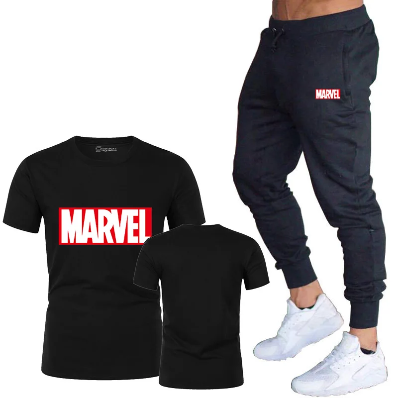 black Новинка, модная мужская и женская футболка, Мстители, Marvel, надпись Marvel, мужская футболка+ спортивные штаны, футболка, комплект - Цвет: black