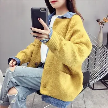 

2019 Women Sweater Cardigans Winter Jacket Long Sleeve O Neck Solid Loose Coat Single Breasted Knit Cardigans