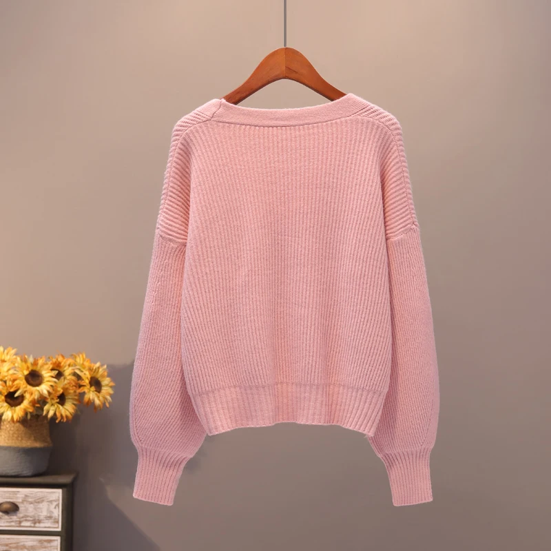 Open stitch jacket New V-neck pure-color knitted sweater for women in autumn and winter